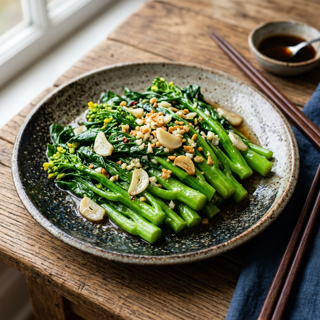 A plate of garlic veggie stir fry with bright green stems and leaves, topped with garlic