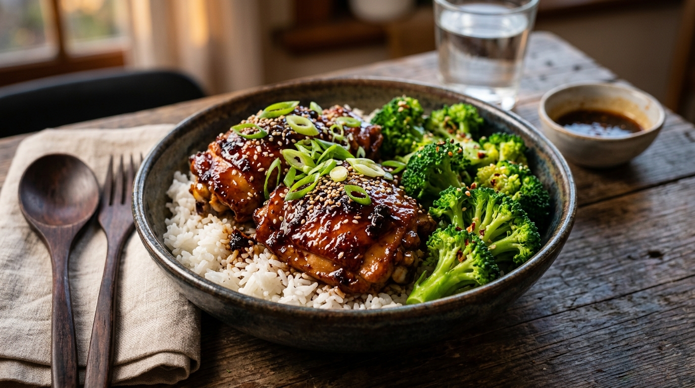 Honey soy chicken thighs served with rice and broccoli